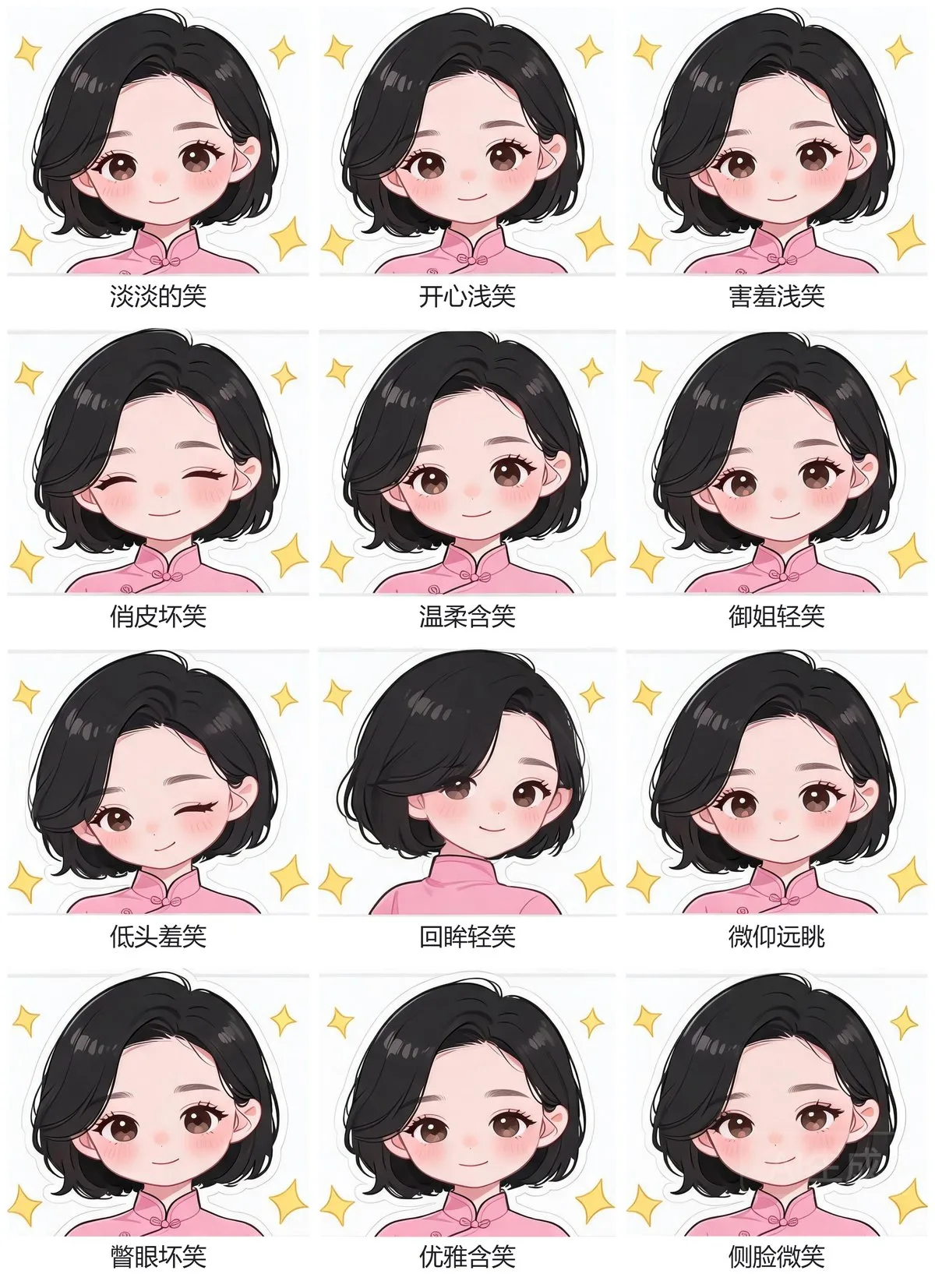 生成的十二格表情图：同一个黑色短发、粉色立领上衣的卡通人物，三列四行，每格下方标着名字——淡淡的笑、开心浅笑、害羞浅笑、俏皮坏笑、温柔含笑、御姐轻笑、低头羞笑、回眸轻笑、微仰远眺、瞥眼坏笑、优雅含笑、侧脸微笑