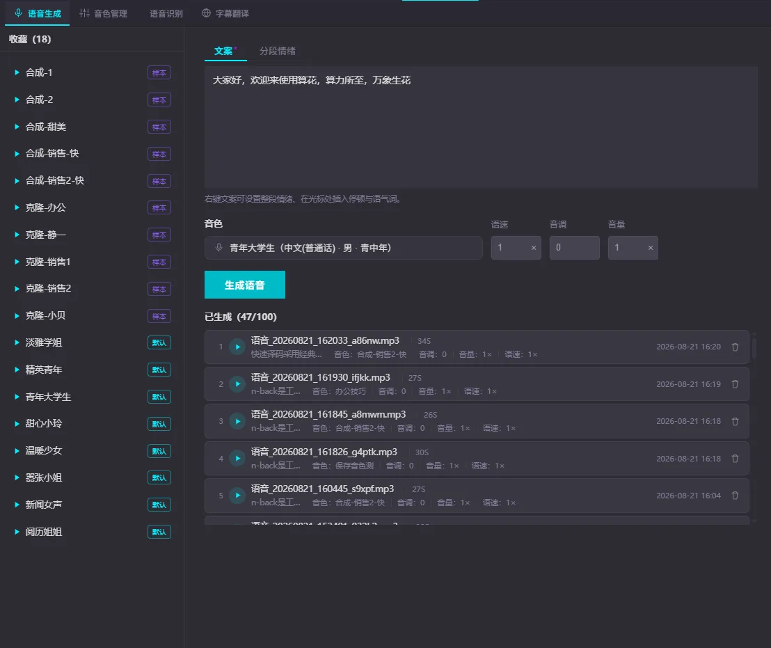 语音生成界面：顶部是语音生成、音色管理、语音识别、字幕翻译四个场景标签；左栏是音色收藏，每个音色标着「样本」或「默认」；右栏上方是文案与分段情绪两个标签页，中间填着待合成的文案，下方是音色下拉框和语速、音调、音量三个参数，再往下是「生成语音」按钮和已生成列表